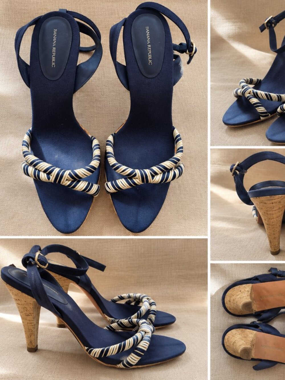 Banana Republic Navy Blue Strappy Heeled Sandals Women's 11 Cork Heels Nautical
